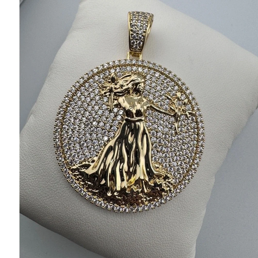 14K Gold Plated Iced Out Lady Medallion Pendant Round CZ Hip Hop Jewelry